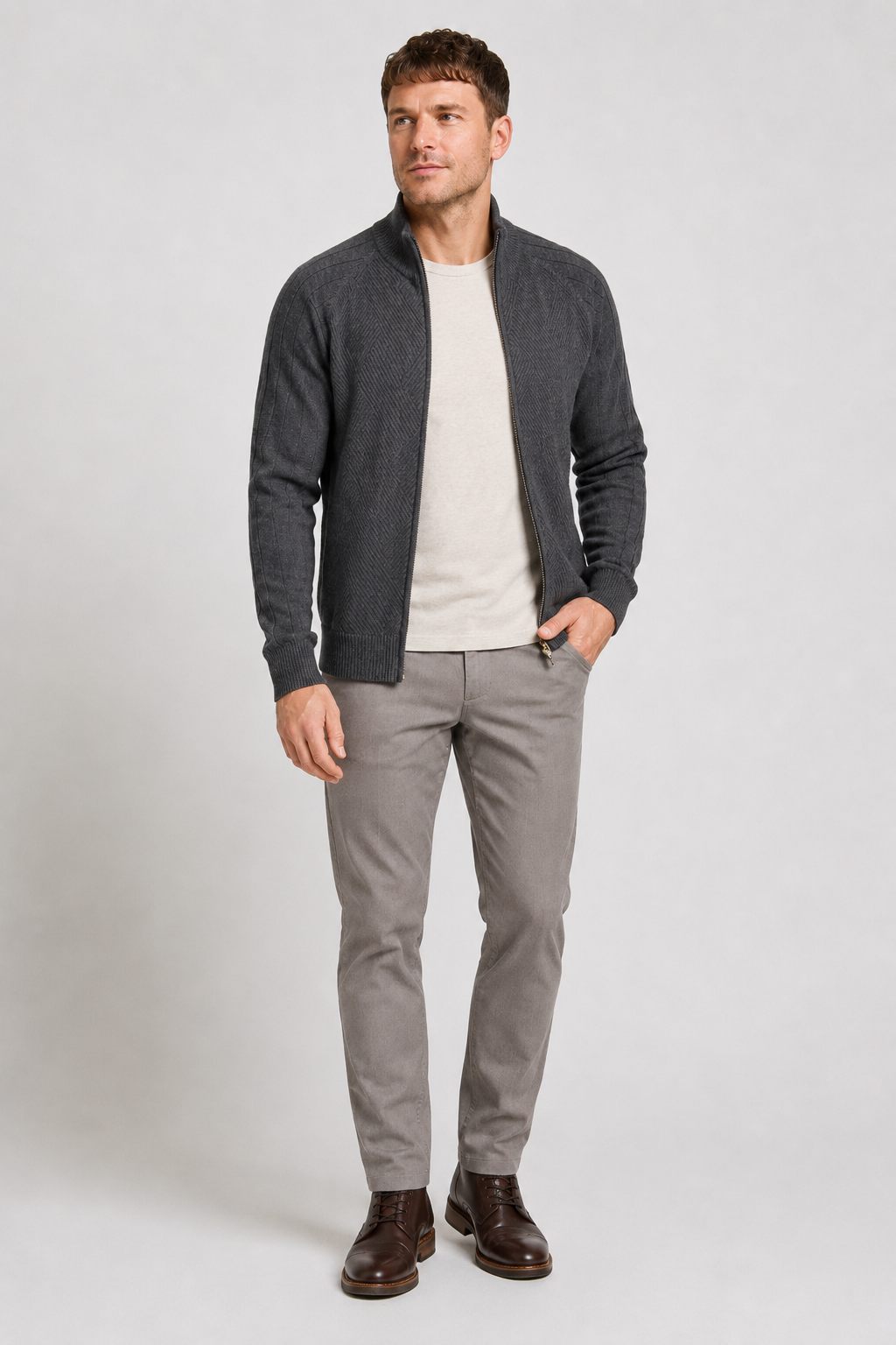 NOMU | Men's Zip-Up Knit Sweater Jacket – Textured Stand Collar Cardigan