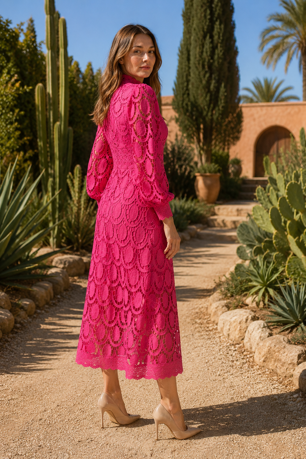 NOMU | Women's Floral Lace Midi Dress – Elegant High Neck Puff Sleeve Party Dress
