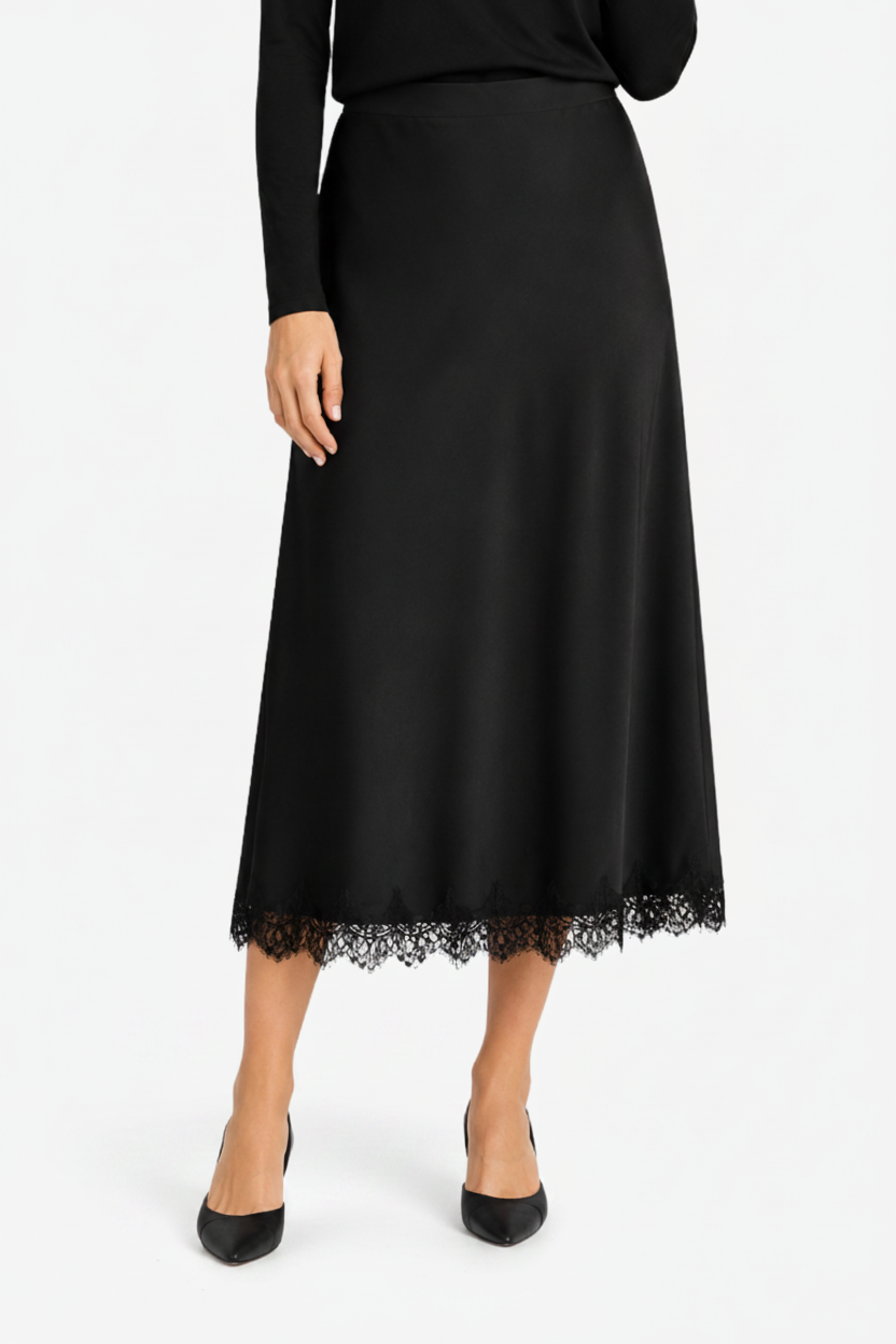 NOMU | Women's Satin Midi Skirt – Elegant Lace Trim Slip Skirt