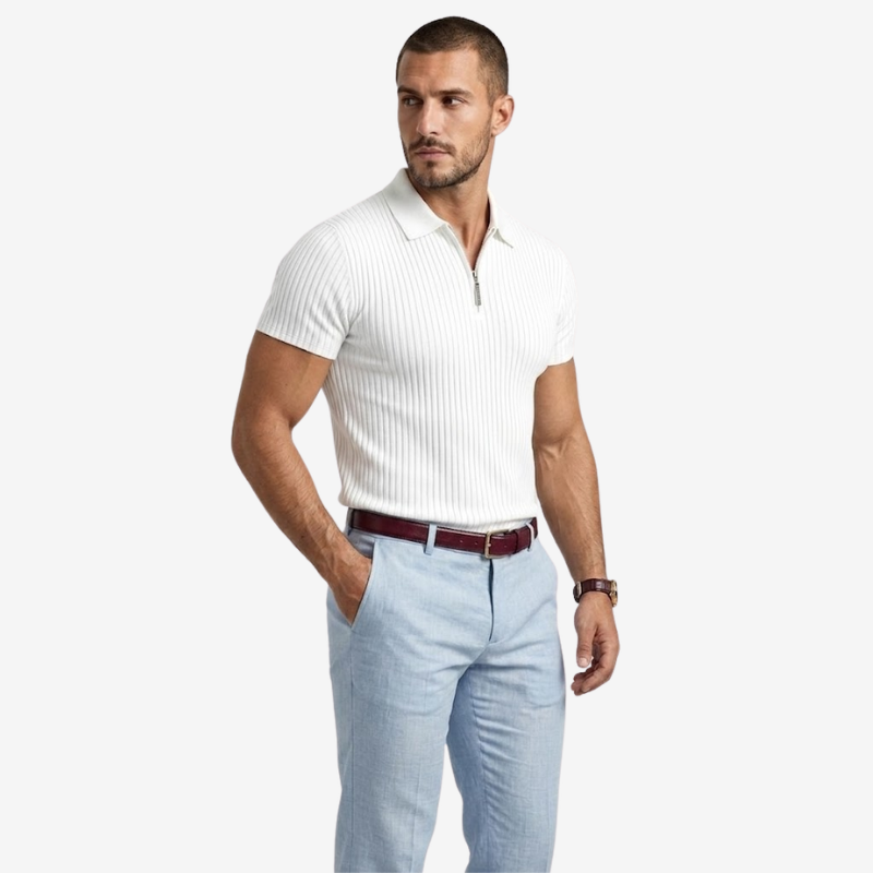 NOMU | Men's Ribbed Knit Polo Shirt – Zip Collar Slim Fit Design
