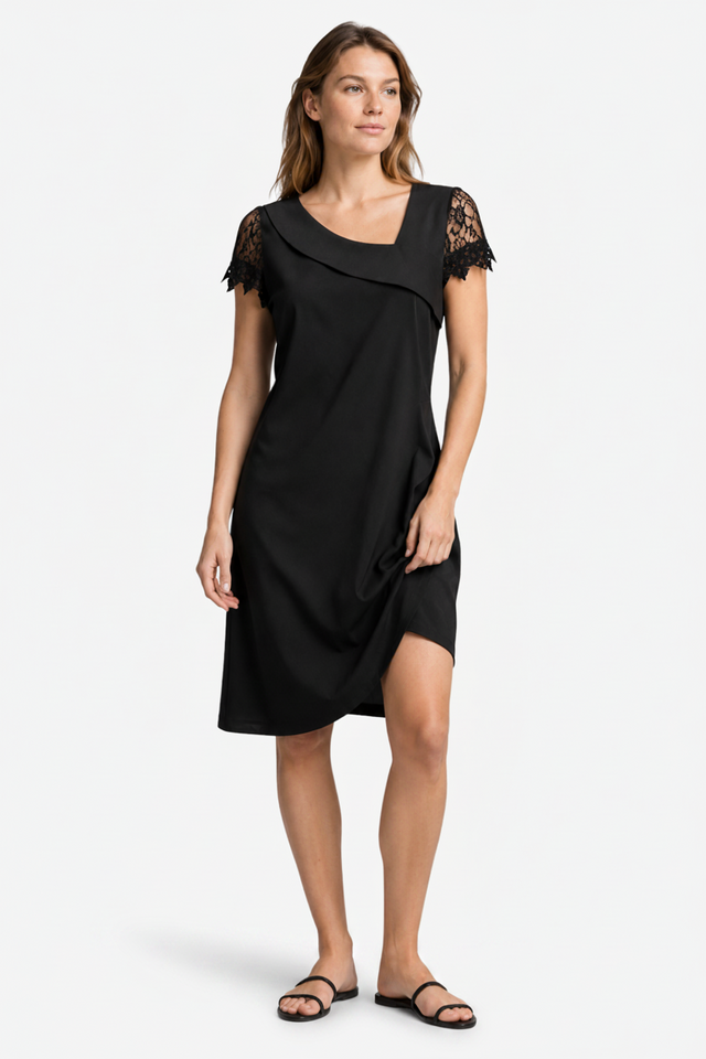 NOMU | Women's Lace Sleeve Dress – Asymmetric Neckline Draped Design