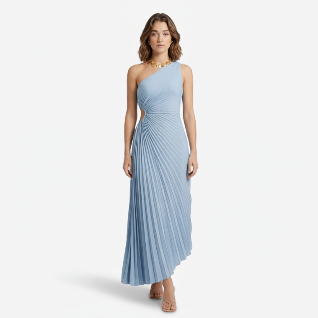 NOMU | Women's One-Shoulder Pleated Midi Dress – Elegant Asymmetrical Evening Dress