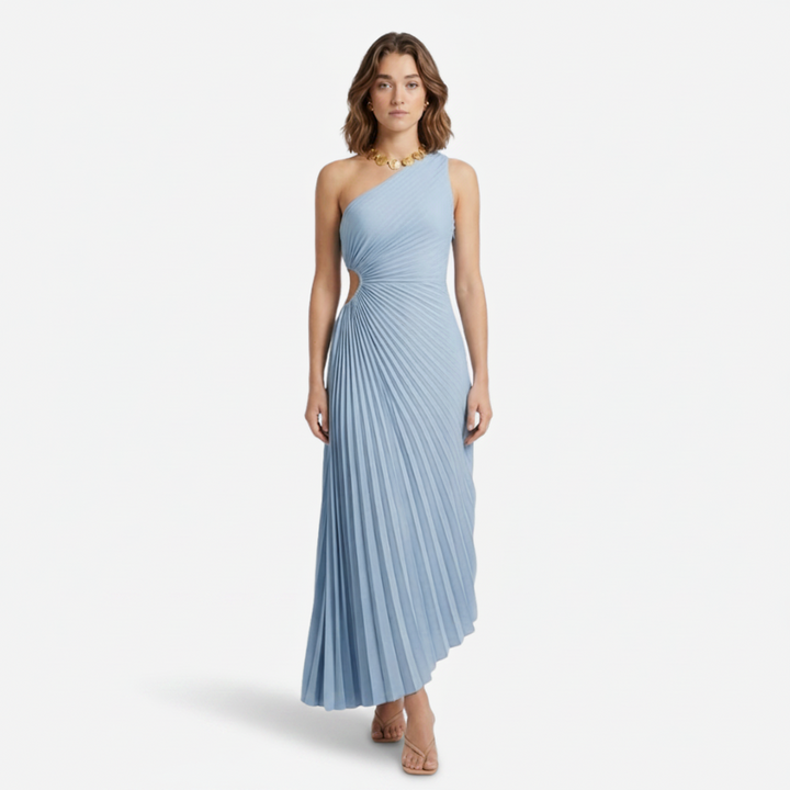 NOMU | Women's One-Shoulder Pleated Midi Dress – Elegant Asymmetrical Evening Dress