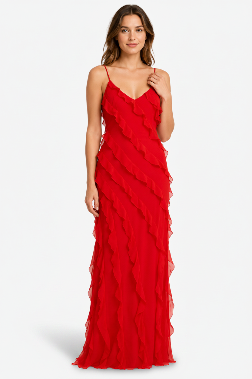 NOMU | Women's Sheer Ruffle Maxi Dress – Elegant Spaghetti Strap Evening Party Dress