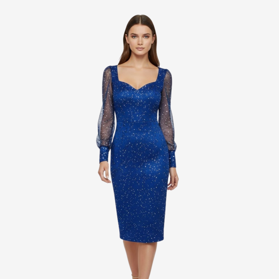 NOMU | Women's Glitter Mesh Sleeve Midi Dress – Elegant Sparkly Evening Party Dress