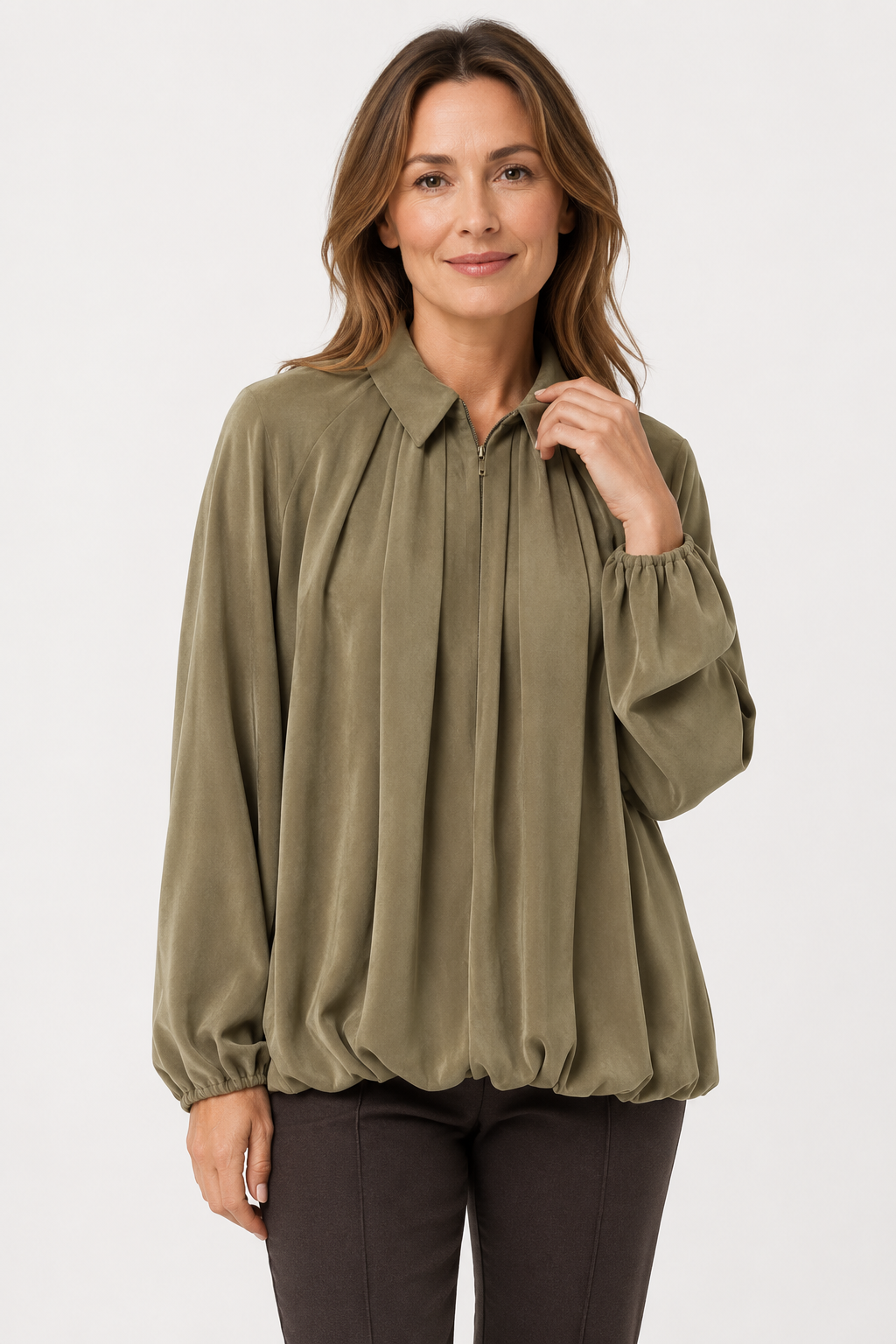 NOMU | Women's Gathered High Neck Blouse – Elegant Balloon Sleeve Top