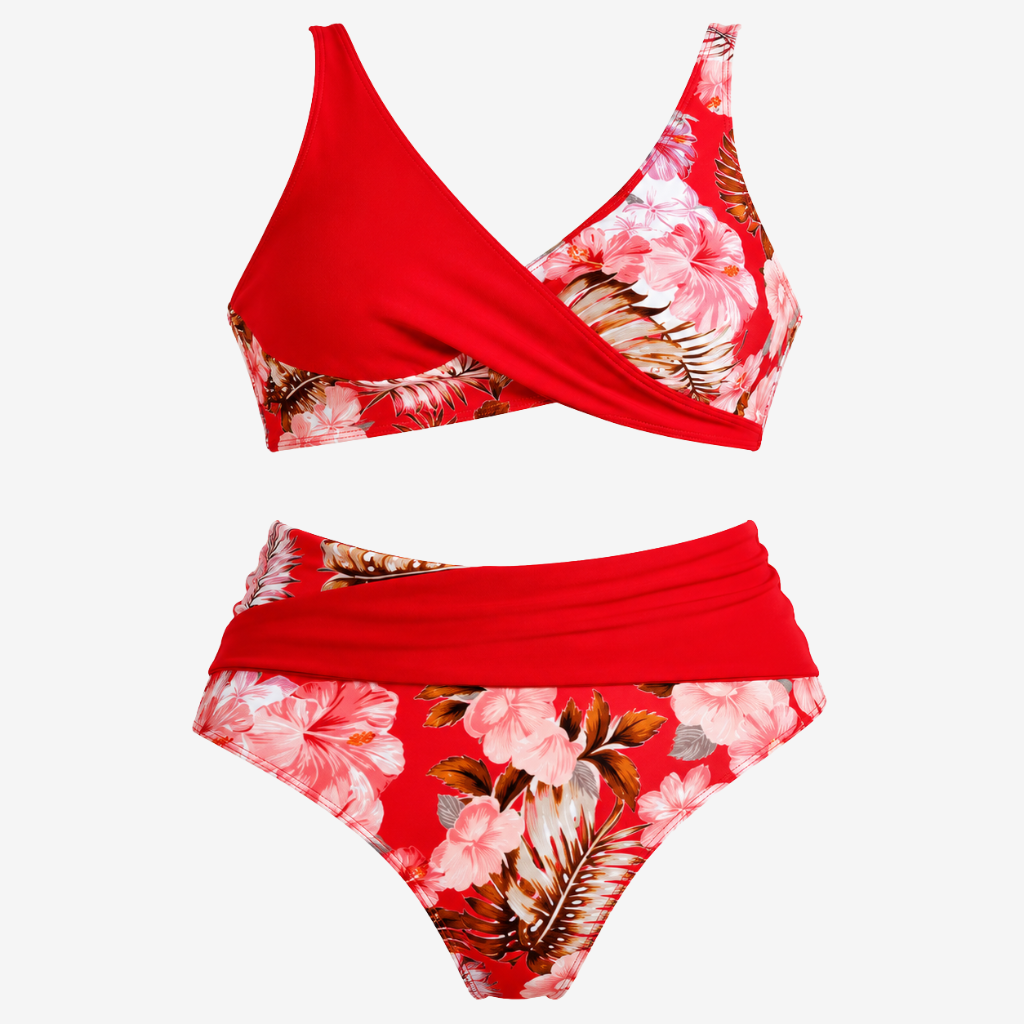 NOMU | Women's Floral Cross Wrap Bikini Set – High Waist Two Piece Swimwear