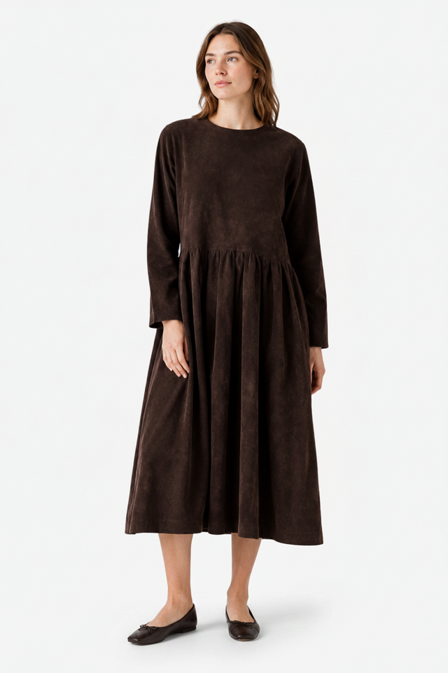 NOMU | Women's Pleated Midi Dress – Round Neck Relaxed Long Sleeve Design