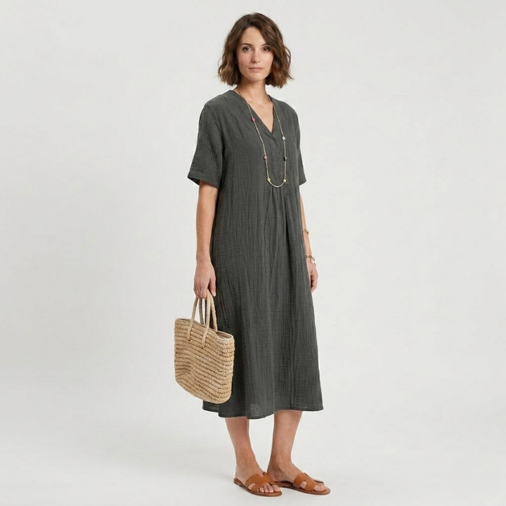 NOMU | Women's Casual Linen Dress – V-Neck Short Sleeve Loose Fit