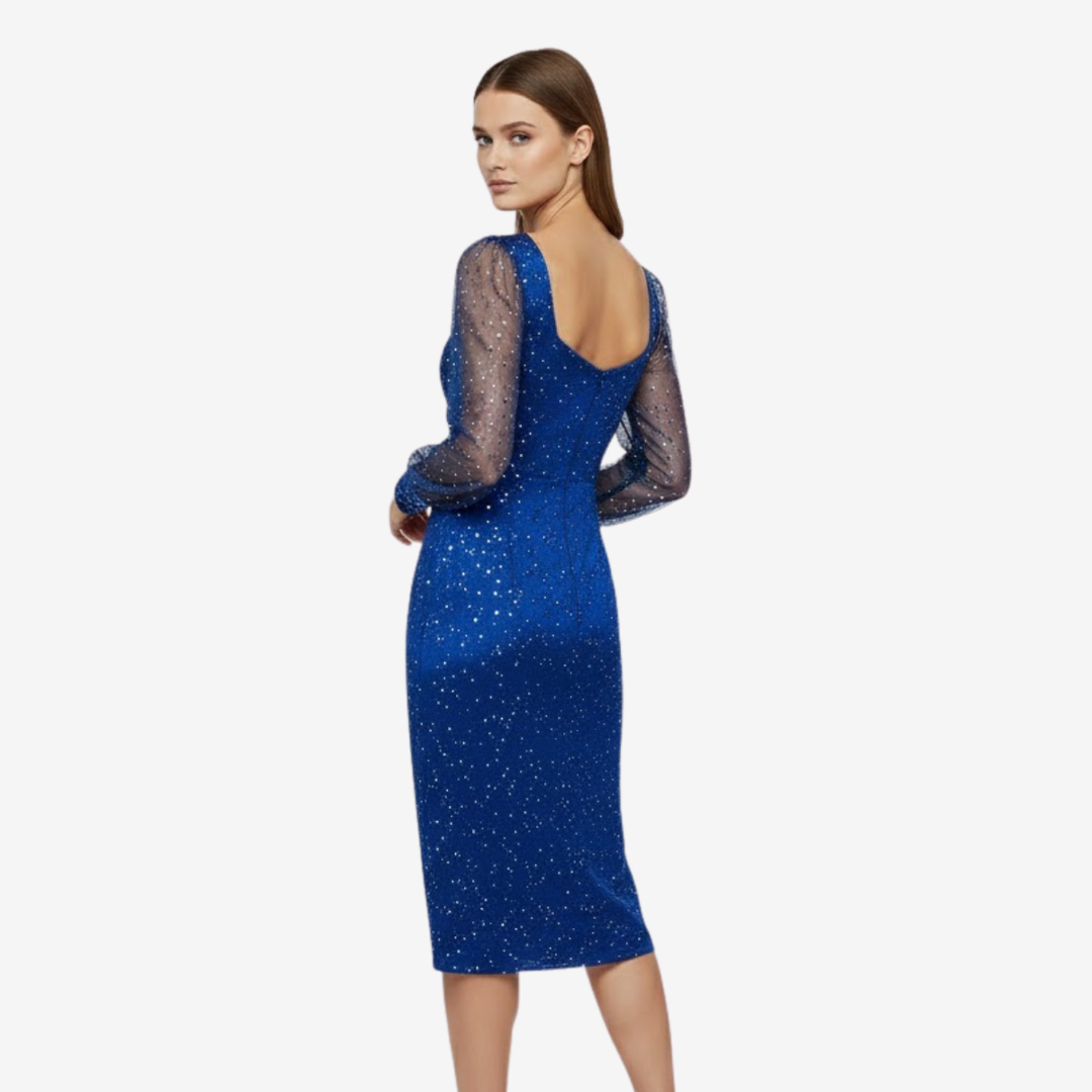 NOMU | Women's Glitter Mesh Sleeve Midi Dress – Elegant Sparkly Evening Party Dress