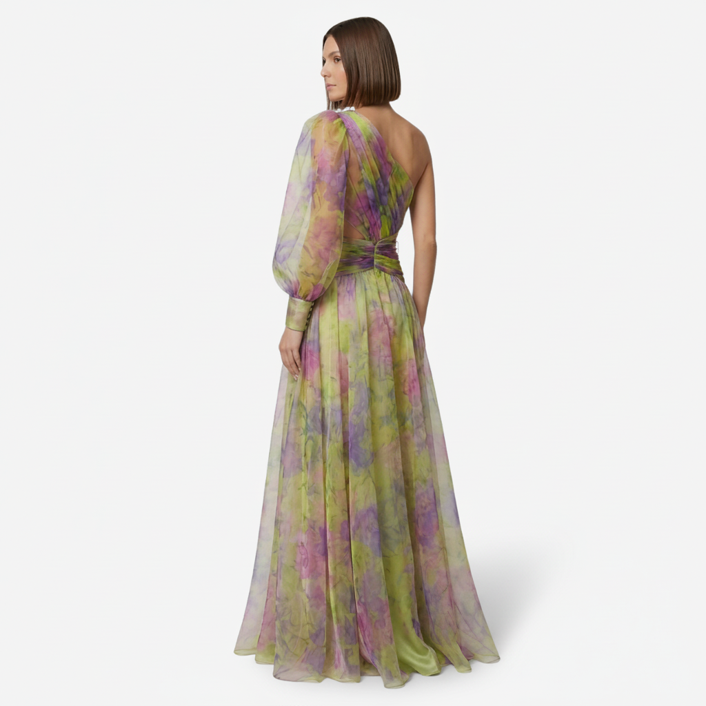 NOMU | Women's Floral One-Shoulder Evening Gown – Elegant High Slit Maxi Dress