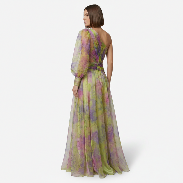 NOMU | Women's Floral One-Shoulder Evening Gown – Elegant High Slit Maxi Dress