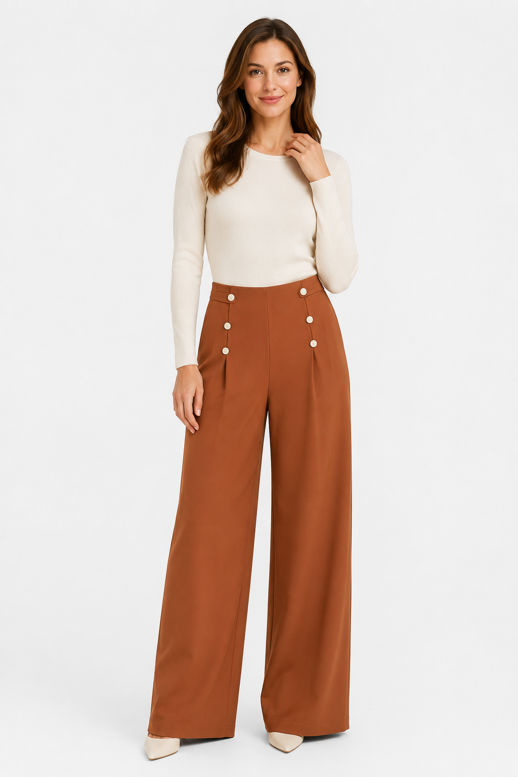 NOMU | Women's High-Waisted Wide Leg Trousers – Elegant Button Detail Palazzo Pants
