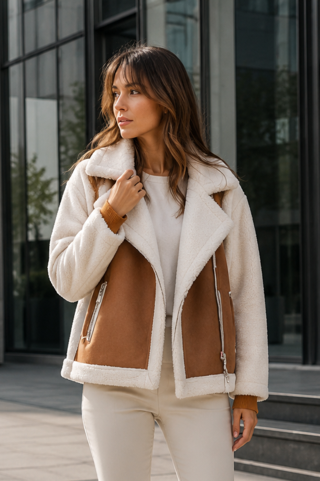 NOMU | Women's Shearling Jacket – Oversized Lapel Contrast Panel Zip Up Design