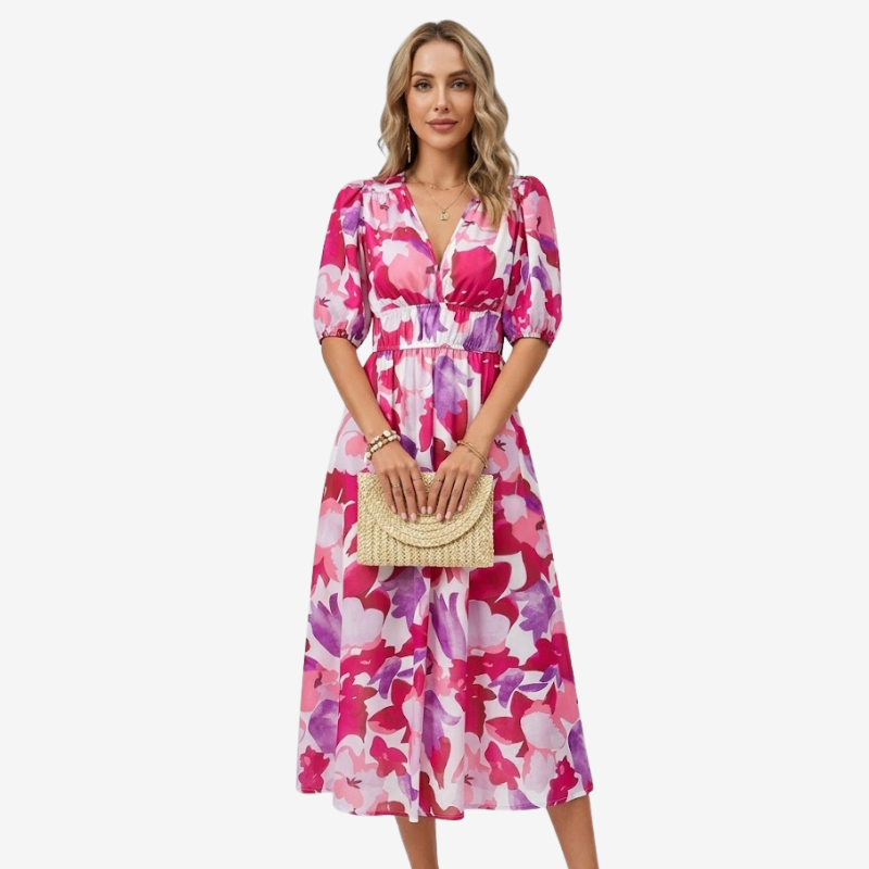 NOMU | Women's Floral V-Neck Midi Dress – Elegant Puff Sleeve Flowing Dress