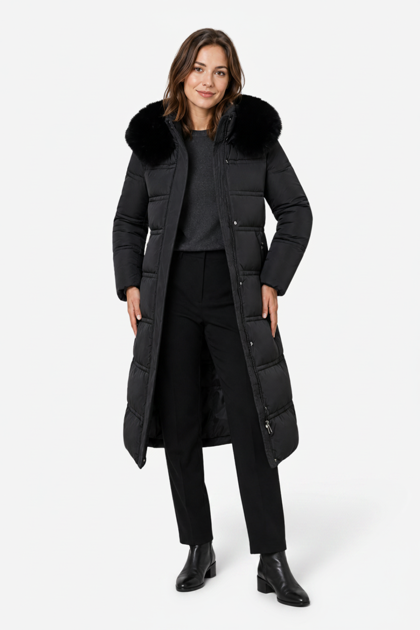 NOMU | Women's Long Puffer Coat – Fitted Waist with Fur Trim Hood