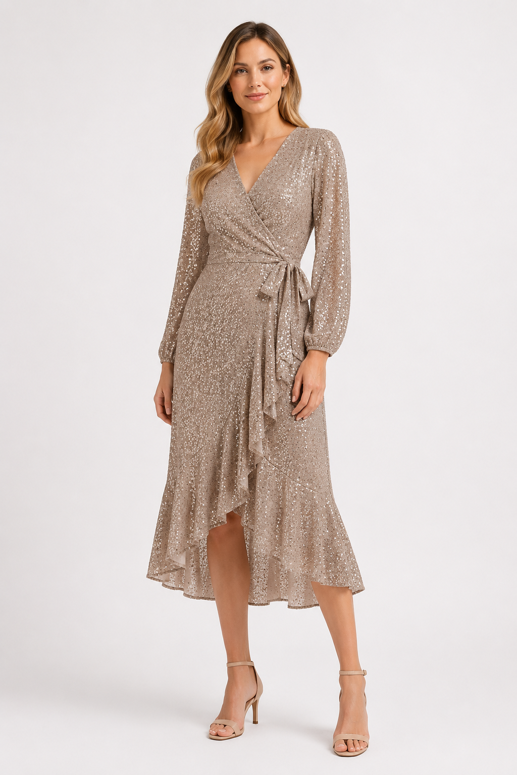 NOMU | Women's Floral Wrap Midi Dress – Long Sleeve Tie Waist Ruffle Hem Design
