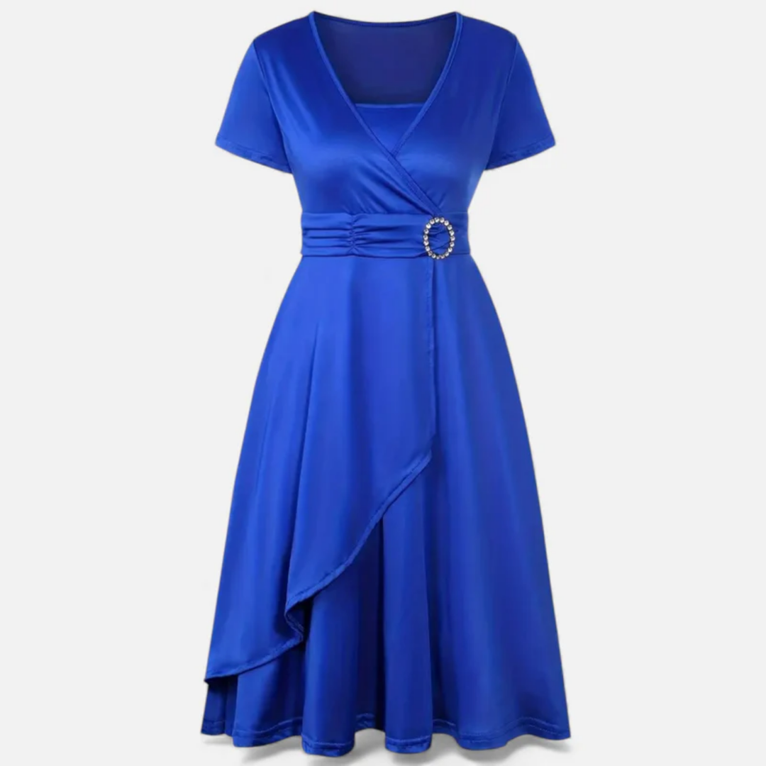 NOMU | Women's Elegant Wrap Midi Dress – Short Sleeve V-Neck Party Dress