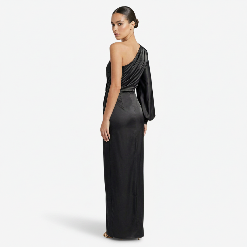 NOMU | Women's One-Shoulder Satin Maxi Dress – Elegant Long Sleeve Evening Dress