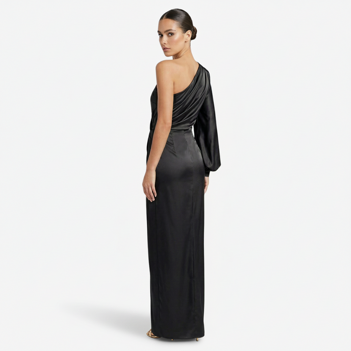 NOMU | Women's One-Shoulder Satin Maxi Dress – Elegant Long Sleeve Evening Dress