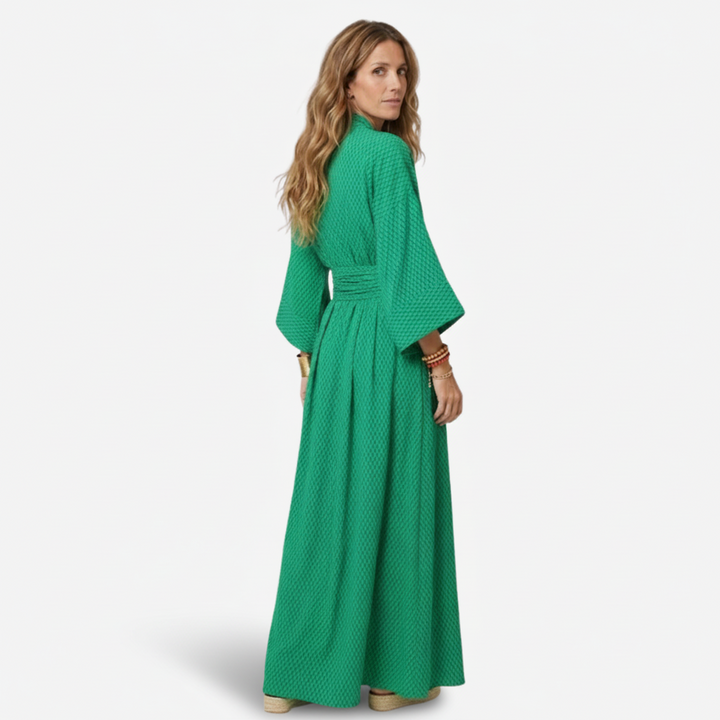 NOMU | Women's Printed Empire Waist Maxi Dress – Elegant Long Sleeve Boho Dress