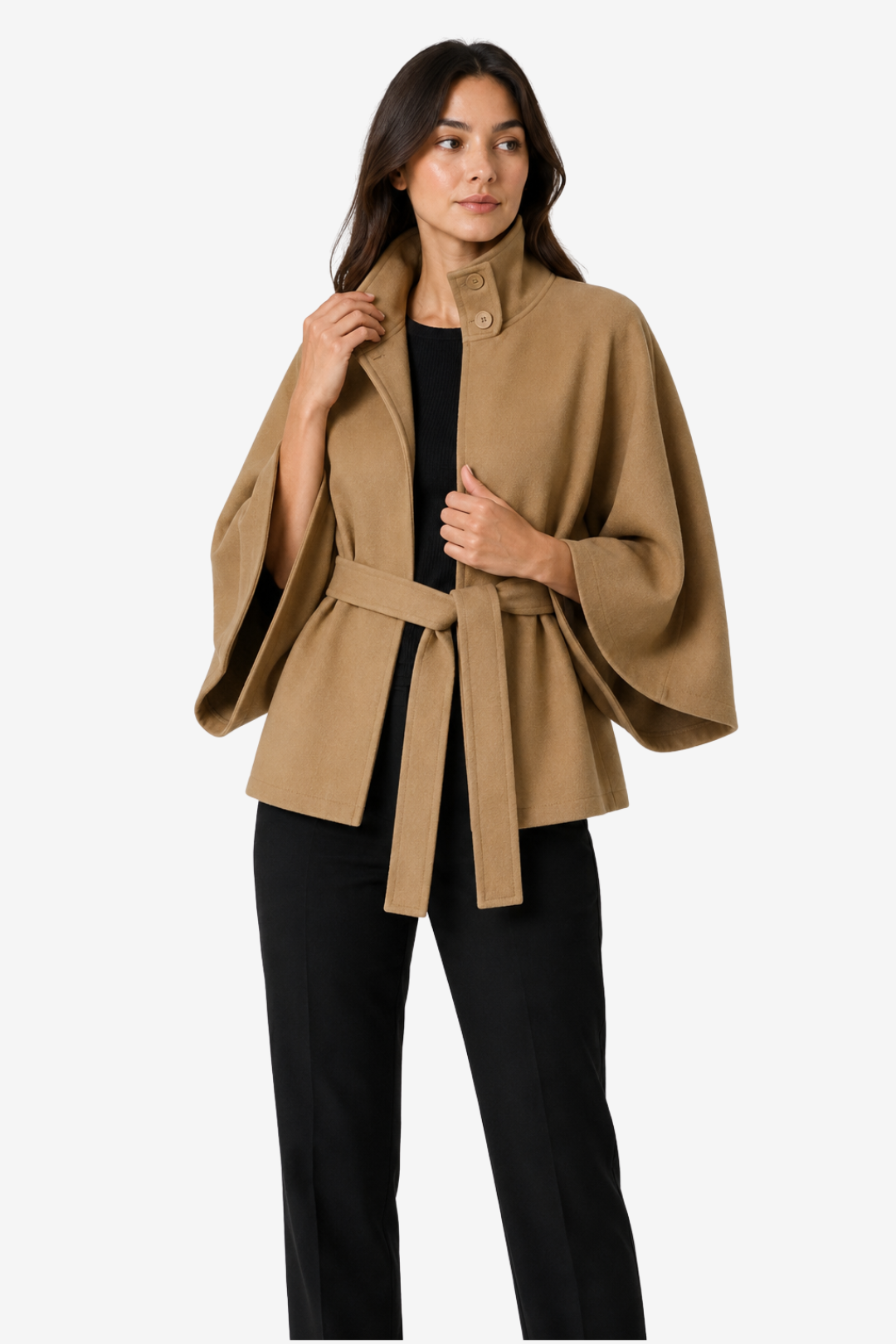 NOMU | Women's Belted Cape Coat – High Collar Wide Sleeve Design