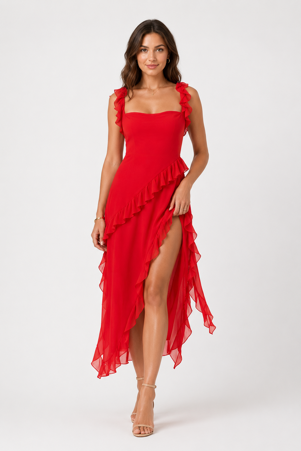 NOMU | Women's Ruffle Trim High Slit Maxi Dress – Elegant Sleeveless Evening Dress