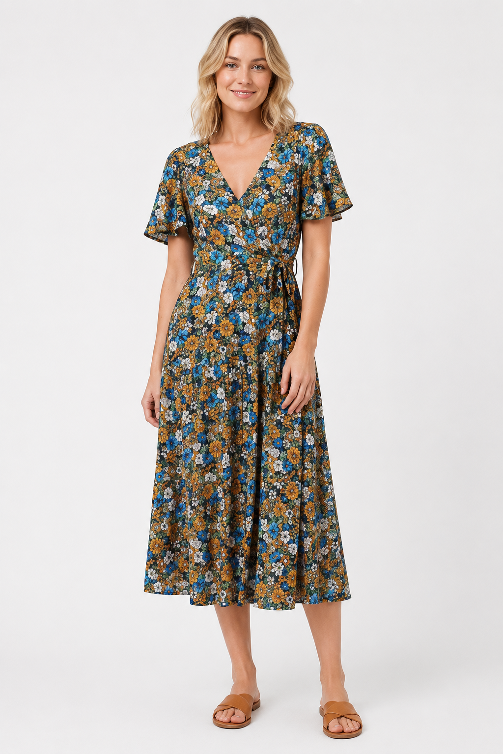 NOMU | Women's Floral Midi Dress – V Neck Short Sleeve Tie Waist Design
