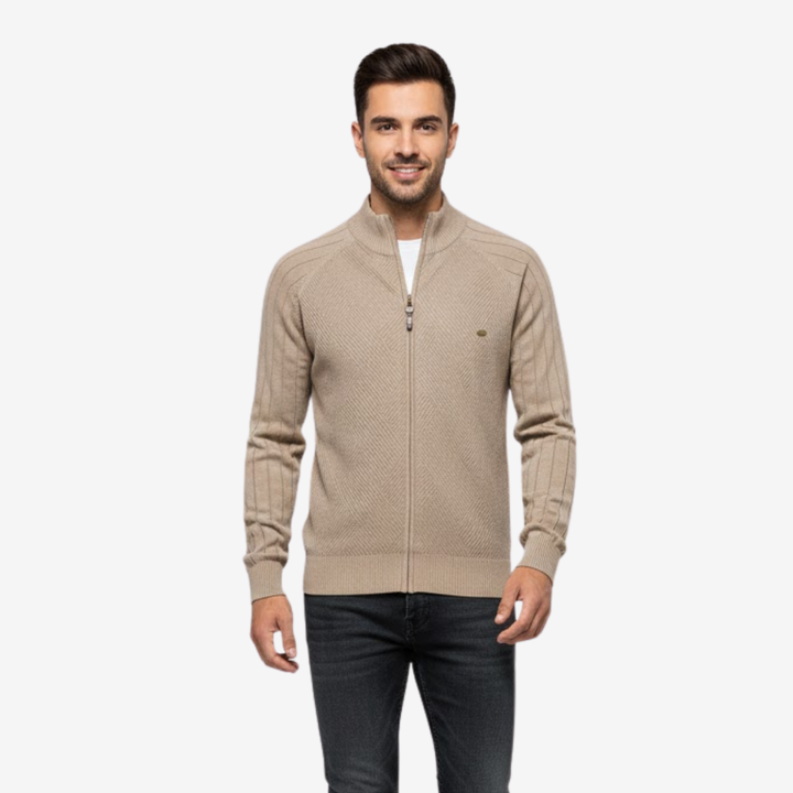 NOMU | Men's Zip-Up Knit Sweater Jacket – Textured Stand Collar Cardigan