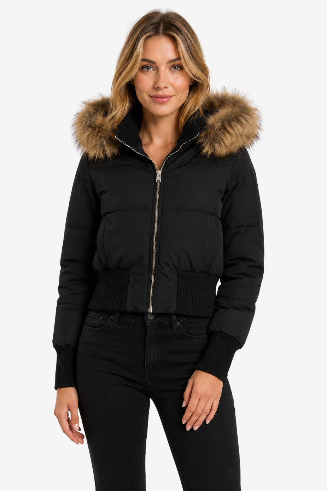 NOMU | Women's Puffer Jacket – Faux Fur Hood Ribbed Trim Zip Up Design