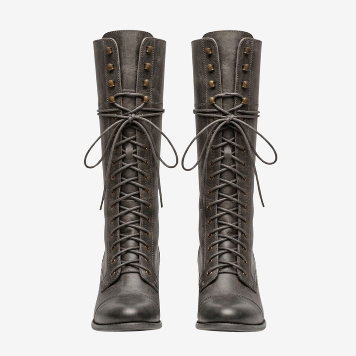 NOMU | Women's Vintage Lace-Up Knee-High Boots – Classic Block Heel Riding Boots