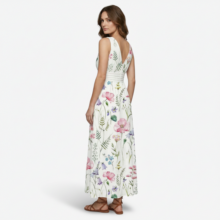 NOMU | Women's Floral V-Neck Maxi Dress – Elegant Sleeveless Flowing Summer Dress