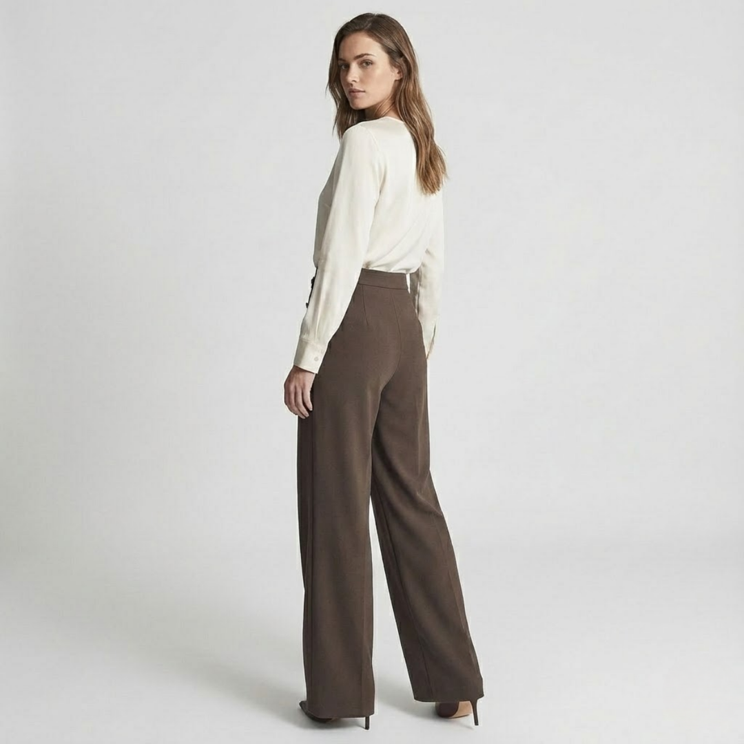 NOMU | Women's High-Waisted Wide Leg Trousers – Elegant Button Detail Palazzo Pants