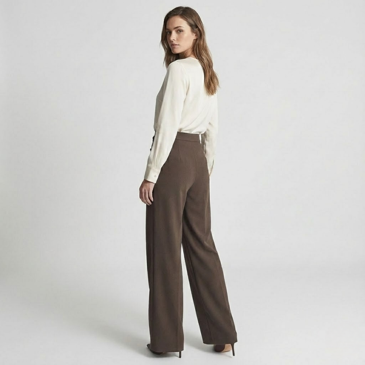 NOMU | Women's High-Waisted Wide Leg Trousers – Elegant Button Detail Palazzo Pants