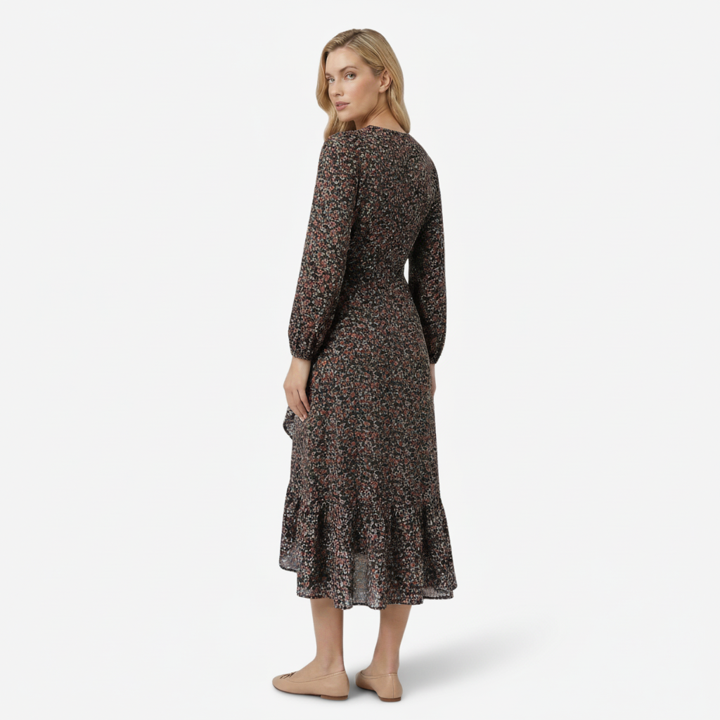 NOMU | Women's Floral Wrap Midi Dress – Long Sleeve Tie Waist Ruffle Hem Design