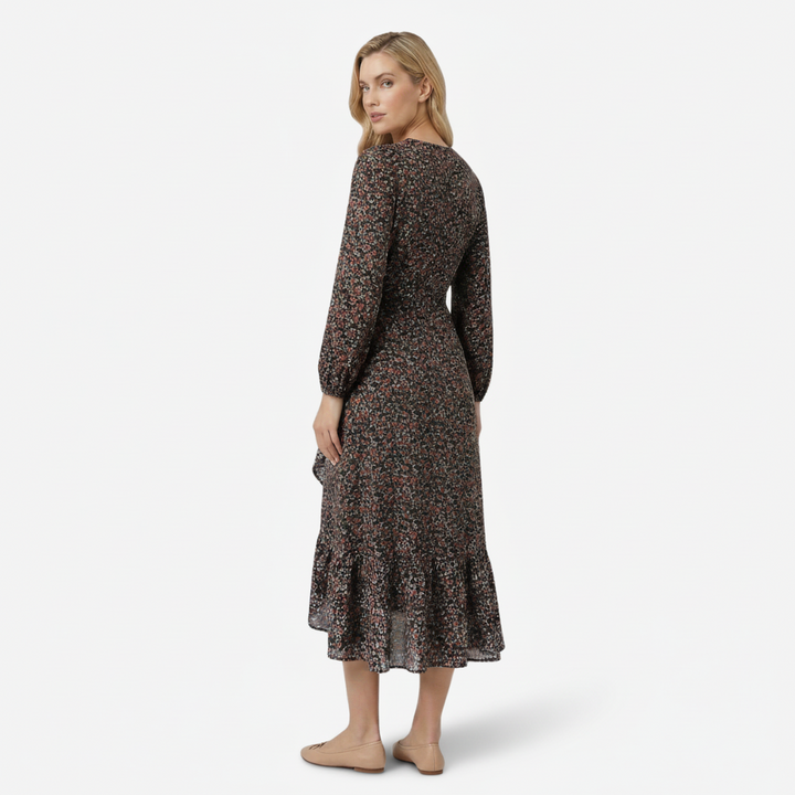 NOMU | Women's Floral Wrap Midi Dress – Long Sleeve Tie Waist Ruffle Hem Design