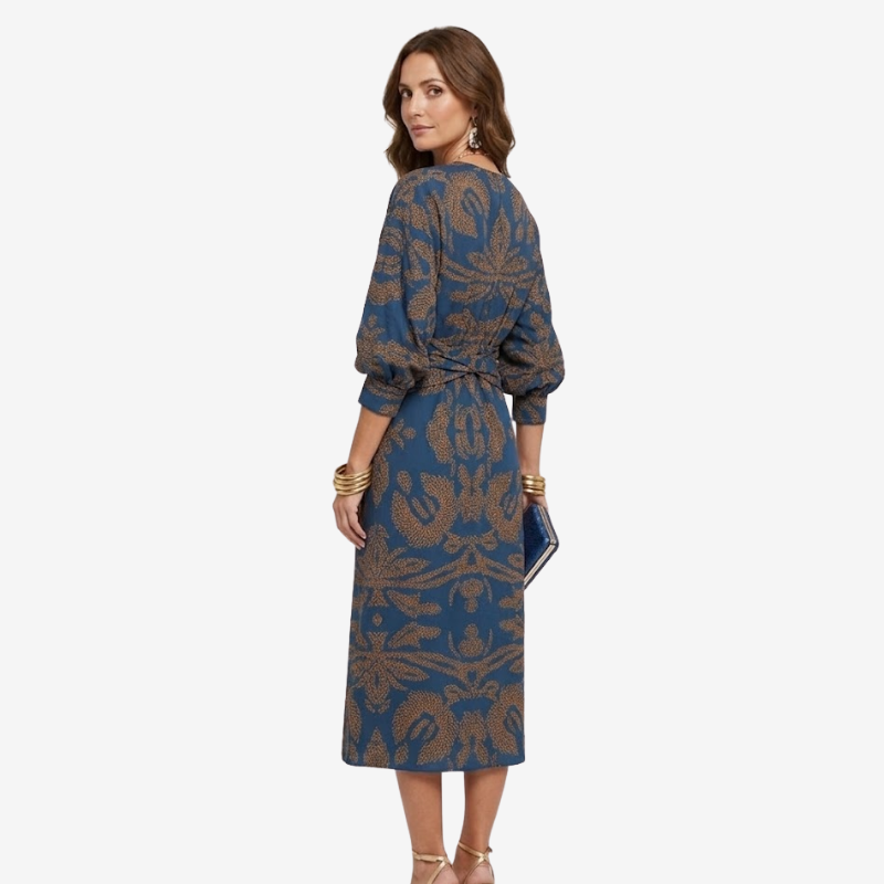 NOMU | Women's Vintage Print Twist Front Midi Dress – Elegant Long Sleeve V-Neck Dress