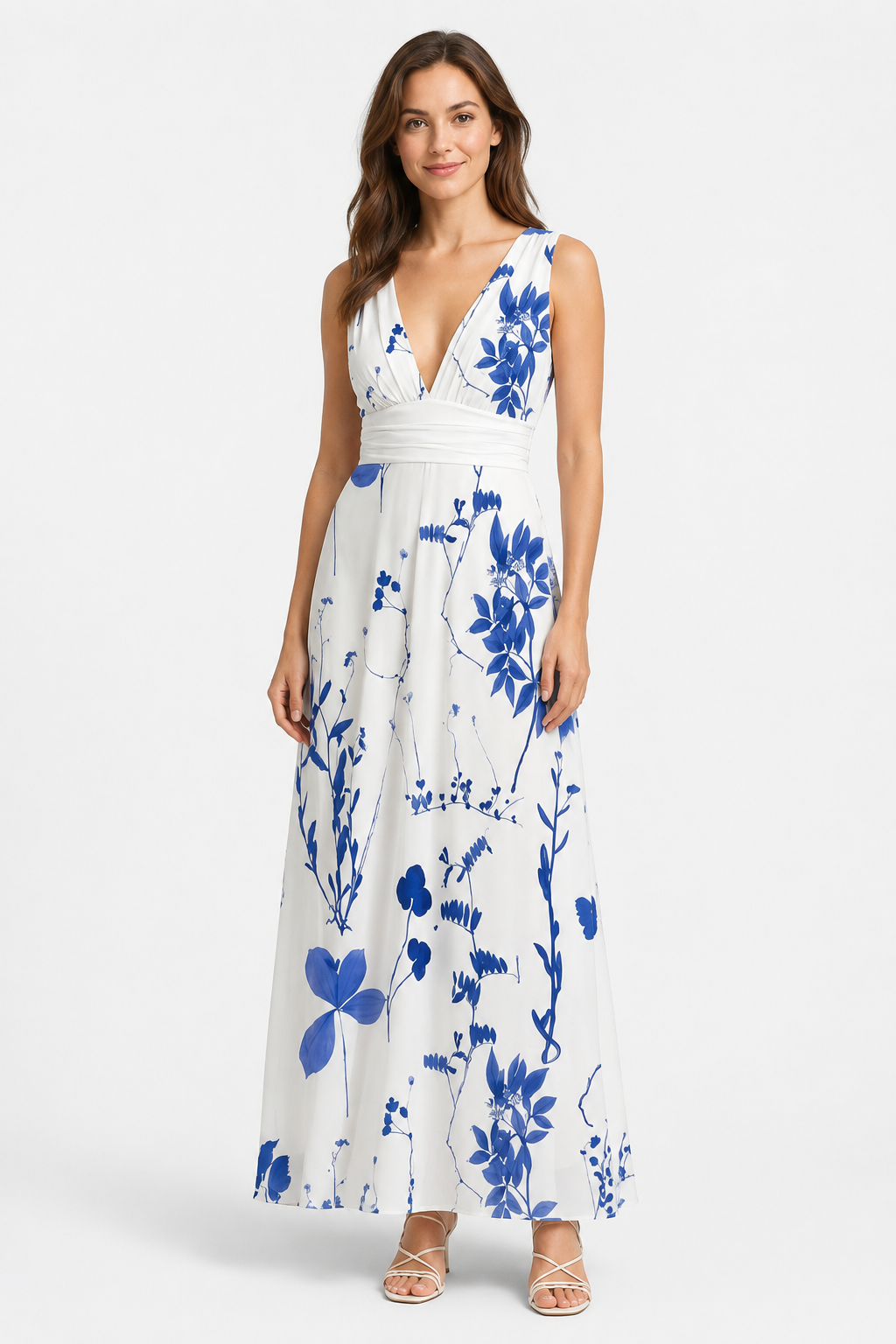 NOMU | Women's Floral V-Neck Maxi Dress – Elegant Sleeveless Flowing Summer Dress