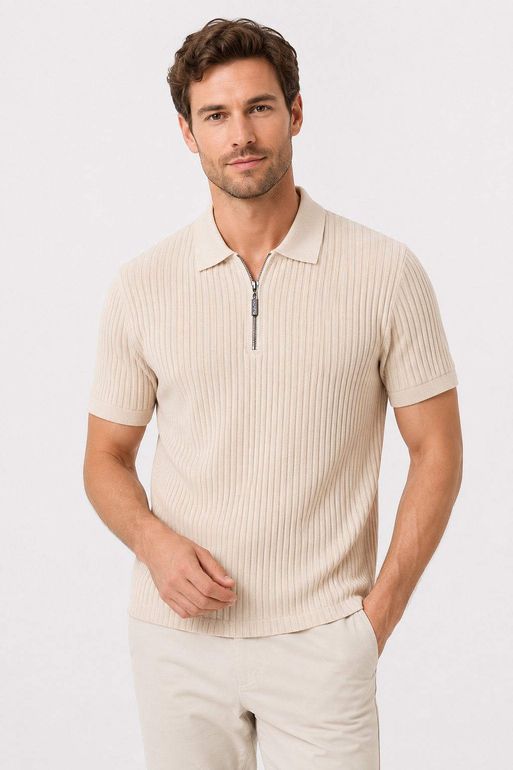 NOMU | Men's Ribbed Knit Polo Shirt – Zip Collar Slim Fit Design