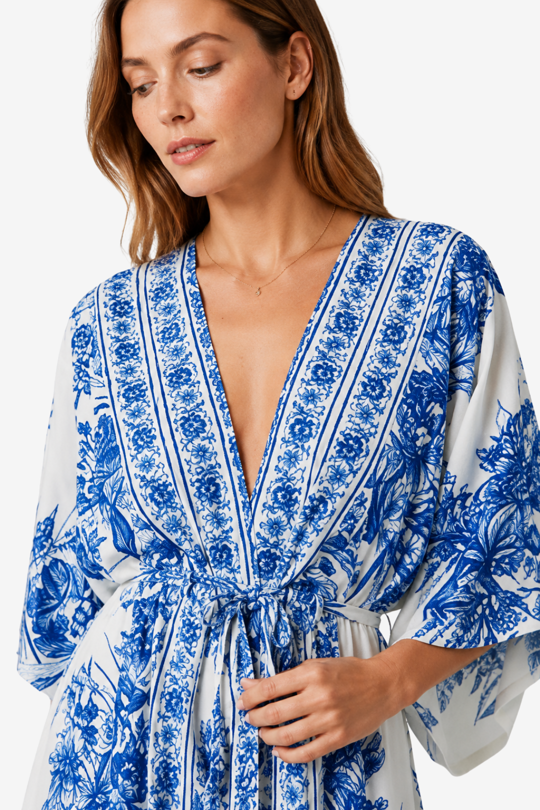 NOMU | Women's Printed Maxi Dress – V Neck Kimono Sleeve Tie Waist Relaxed Design