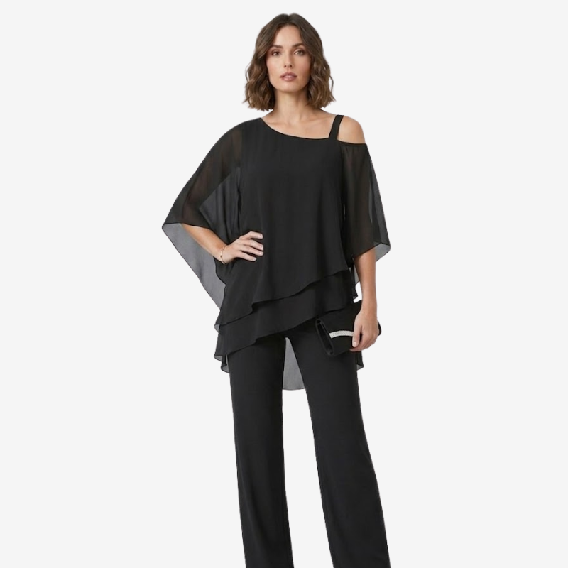 NOMU | Women's Elegant Chiffon Overlay Pant Set – Flowing Evening Two-Piece Outfit