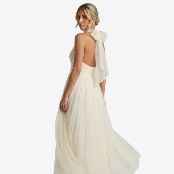 NOMU | Women's Halter Neck Tulle Midi Dress – Elegant Sleeveless Princess Party Dress