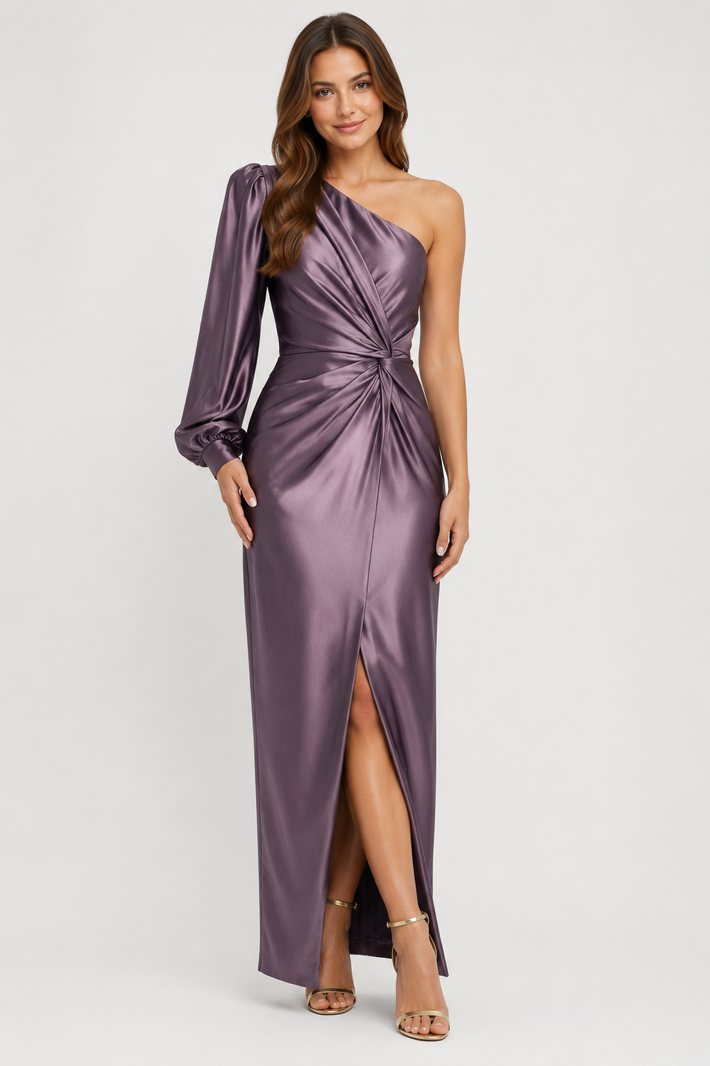 NOMU | Women's One-Shoulder Satin Maxi Dress – Elegant Long Sleeve Evening Dress