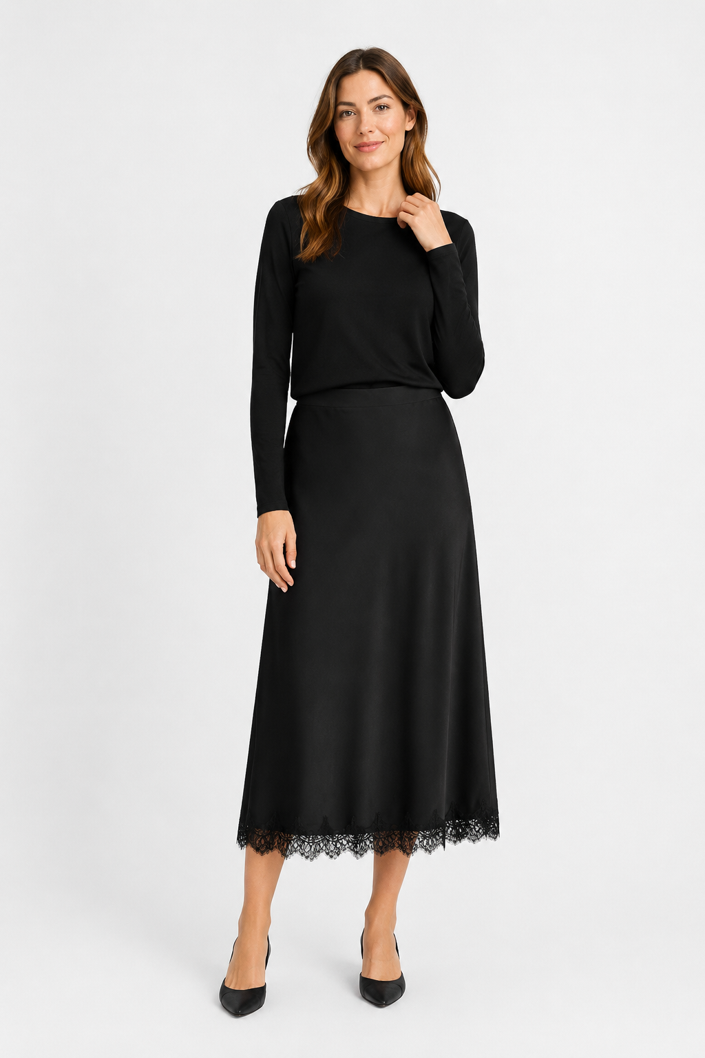 NOMU | Women's Satin Midi Skirt – Elegant Lace Trim Slip Skirt