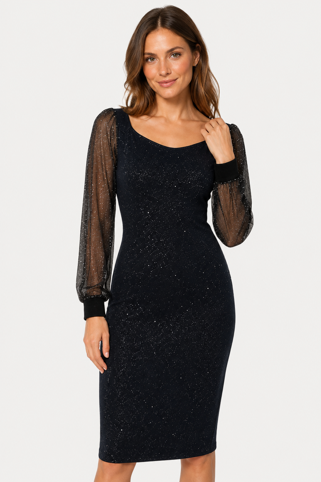 NOMU | Women's Glitter Mesh Sleeve Midi Dress – Elegant Sparkly Evening Party Dress