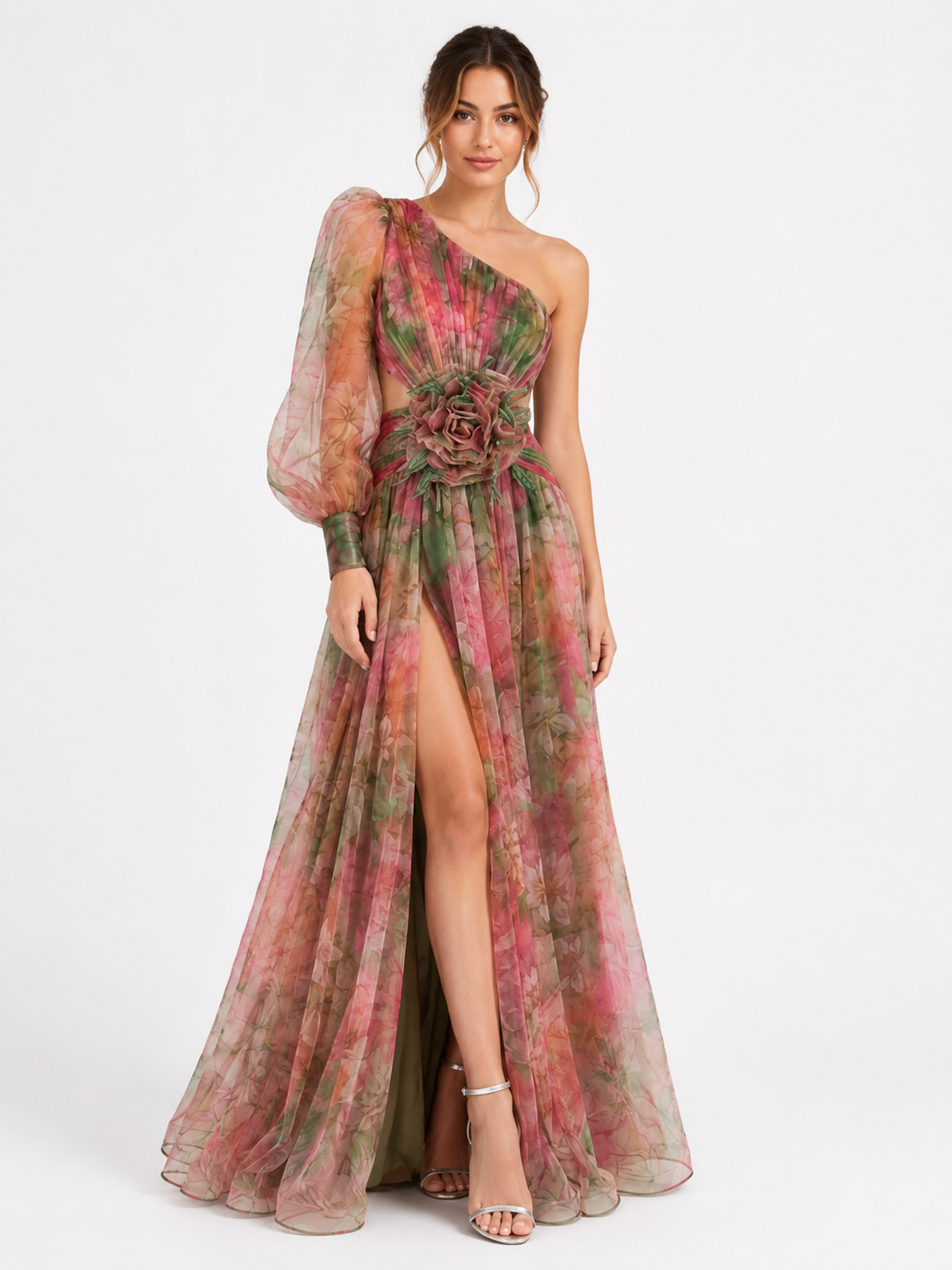 NOMU | Women's Floral One-Shoulder Evening Gown – Elegant High Slit Maxi Dress