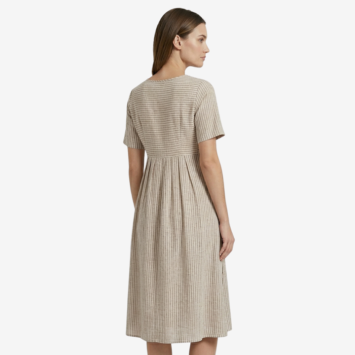 NOMU | Women's Striped Button Detail Midi Dress – Casual Short Sleeve Linen Look Dress