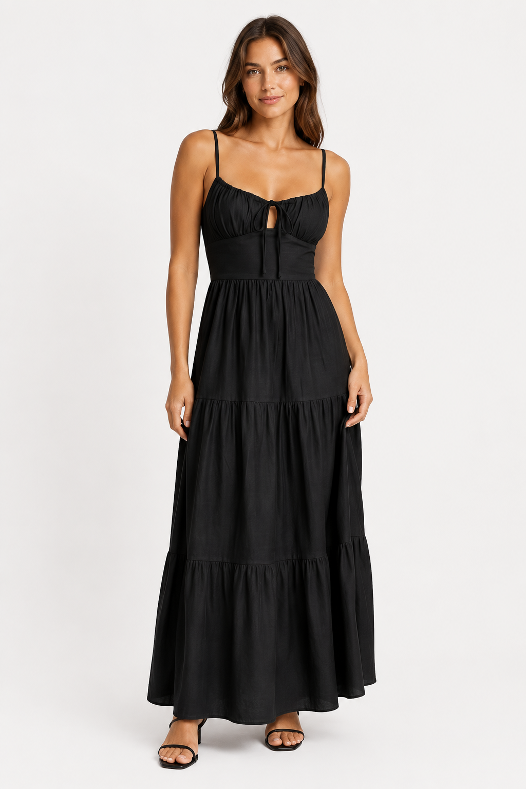 NOMU | Women's Tiered Midi Dress – Spaghetti Strap Tie Front Relaxed Fit Design