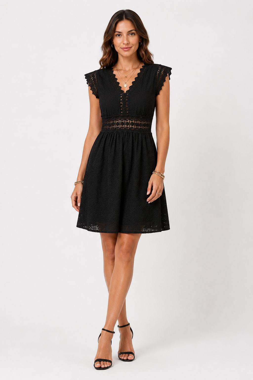 NOMU | Women's Lace Trim Eyelet Mini Dress – Elegant Sleeveless Summer Dress