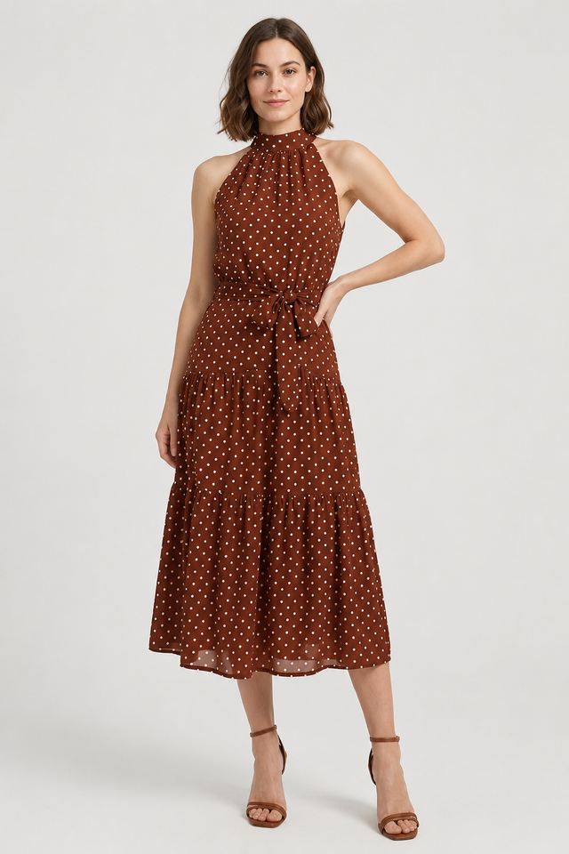 NOMU | Women's Polka Dot Halter Midi Dress – Elegant Sleeveless Tie Waist Dress